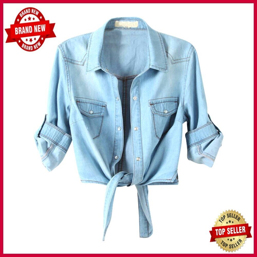 Medium Denim Crop Top Cardigan 3/4 Sleeve Snap Button Casual Shirt